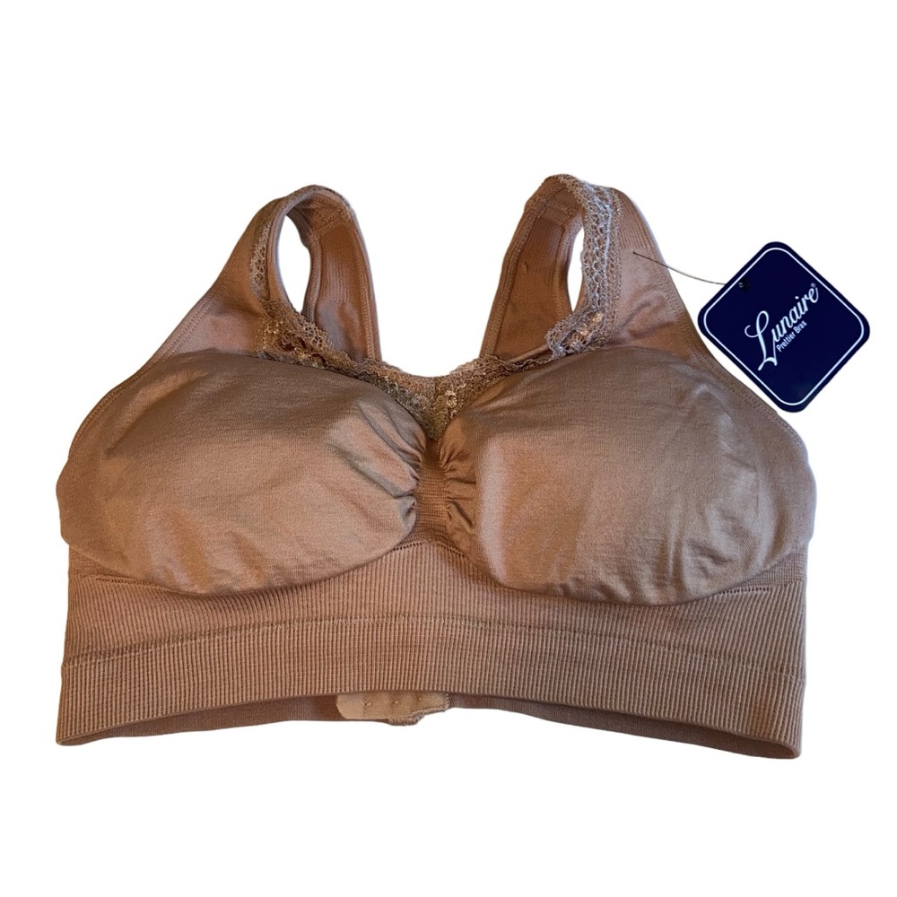 Lunaire Wireless Bra Womens Large 10/12 Padded Lace Trim New With tags Tan